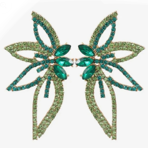 Abstract Floral Green Rhinestone Earrings CZ Crystal Flower Wings Art Deco New - Picture 2 of 7